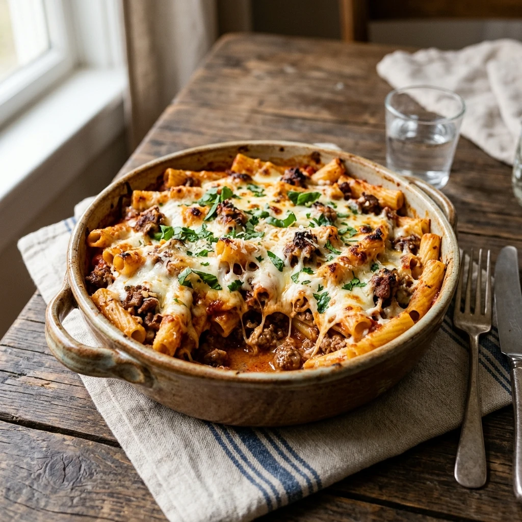Ground Beef Baked Ziti Casserole Cheesy Family Easy Budget Under $3