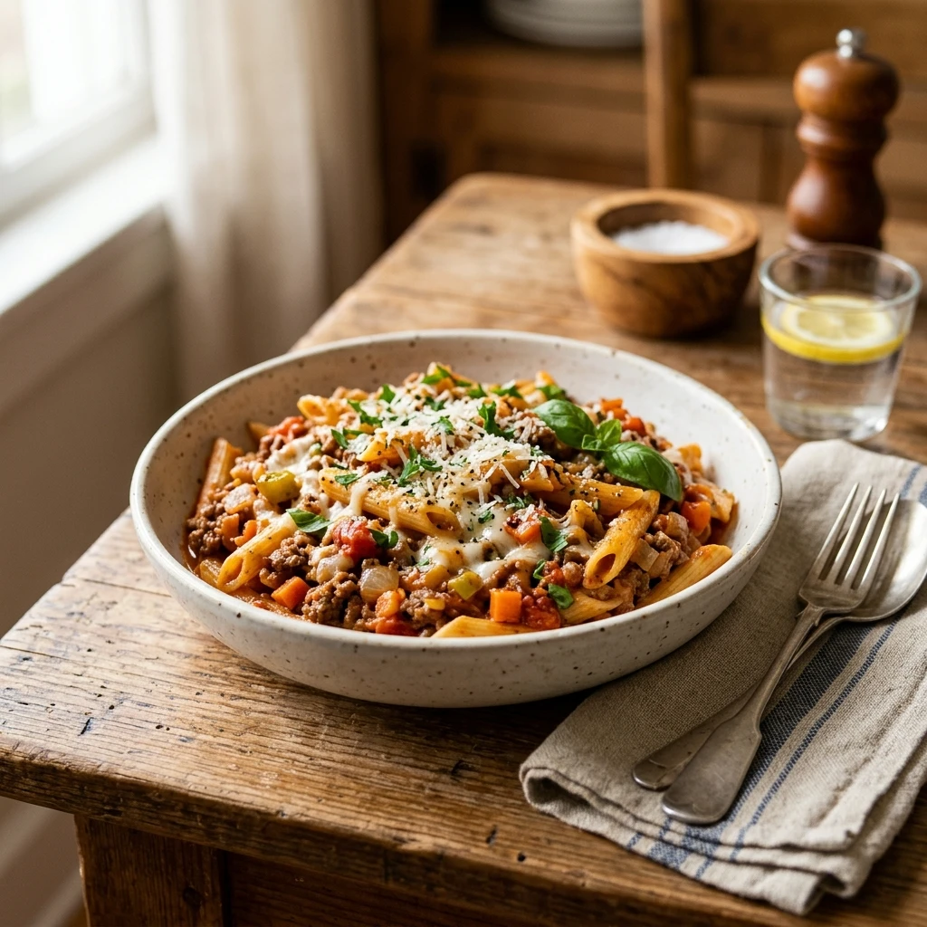 Splash Spaghetti Ground Beef Penne One Pot Pasta Easy Family Budget Under $3 – Yummy Kitchen