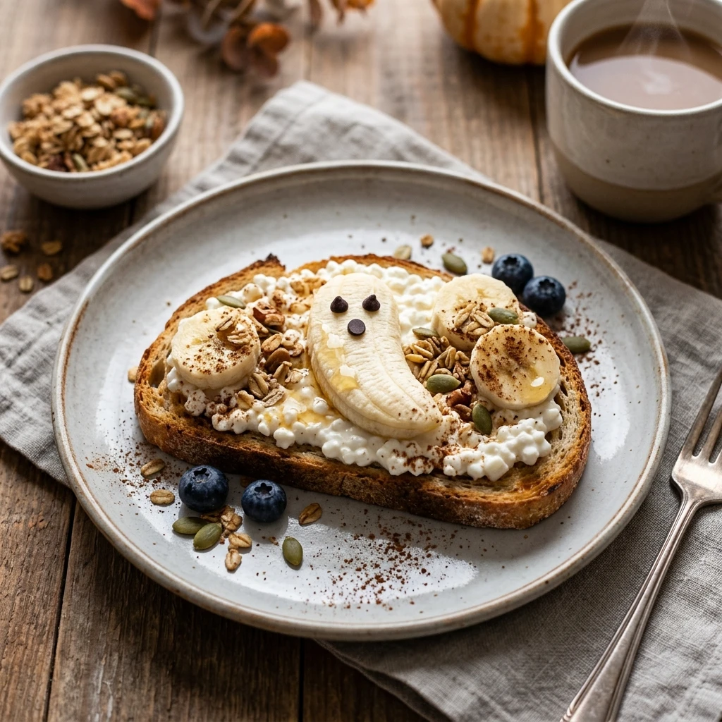 Healthy Ghost Toast With Cottage Cheese And Banana Halloween