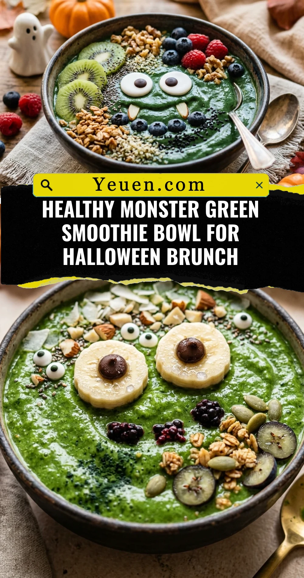 Healthy Monster Green Smoothie Bowl For Halloween Brunch