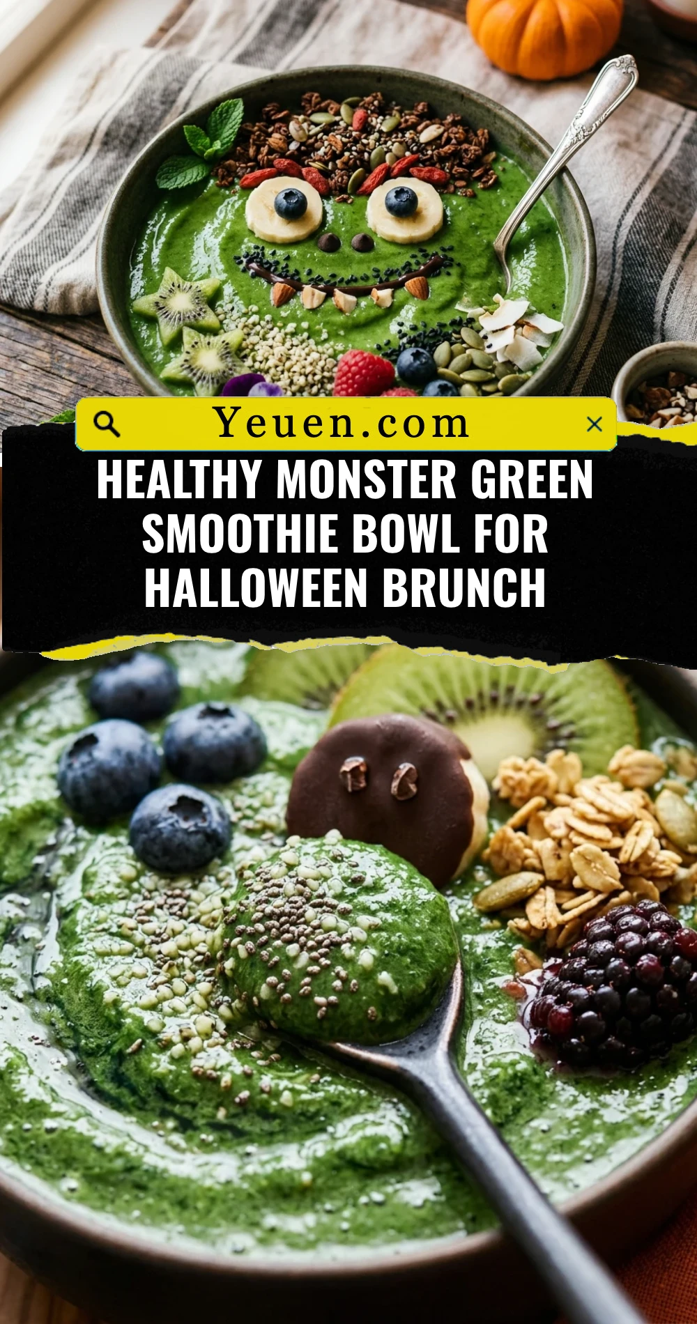 Healthy Monster Green Smoothie Bowl For Halloween Brunch