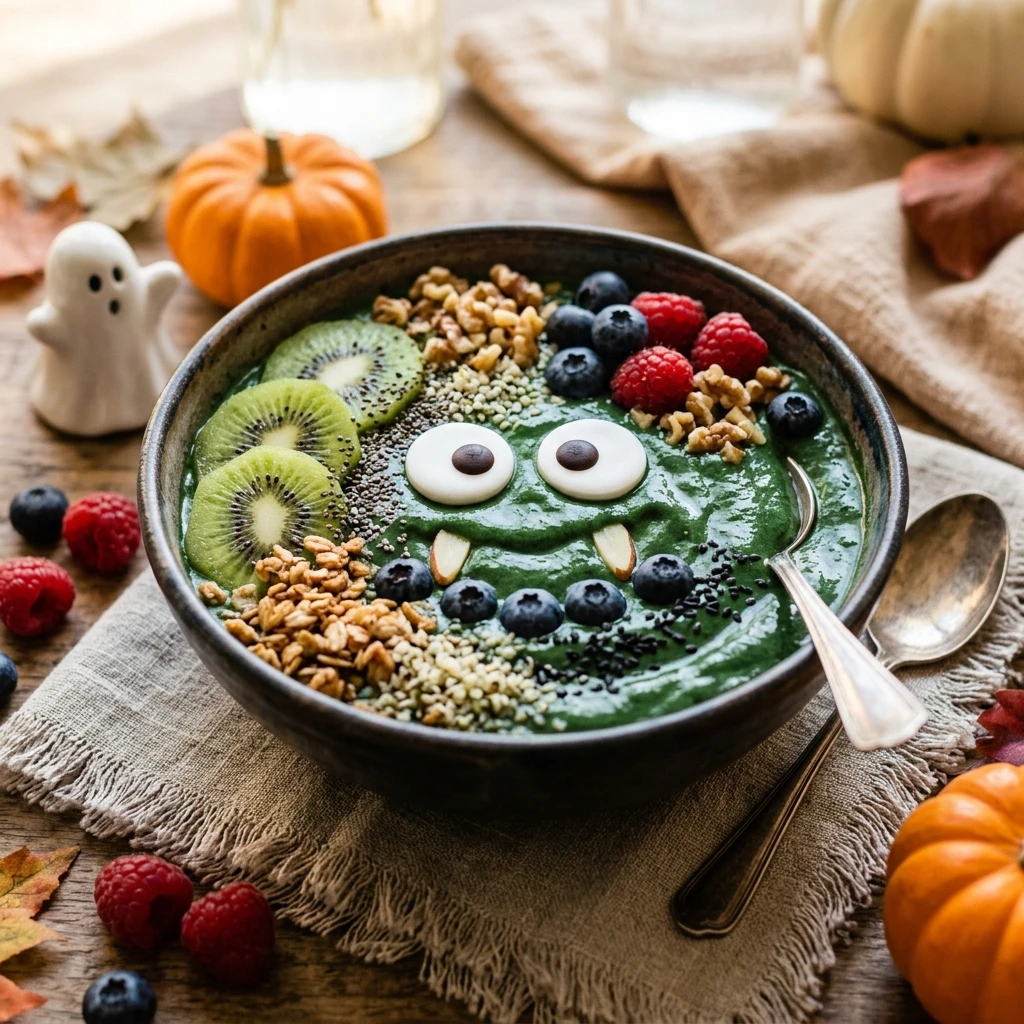Healthy Monster Green Smoothie Bowl For Halloween Brunch
