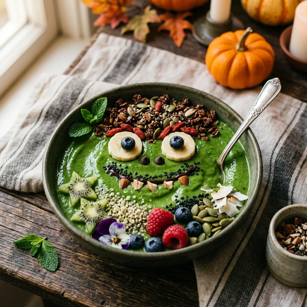 Healthy Monster Green Smoothie Bowl For Halloween Brunch