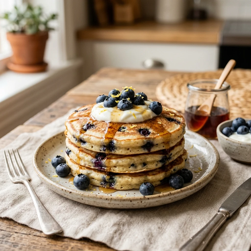 High Protein Blueberry Pancakes Cottage Cheese 20g+ Easy Fluffy Stacks