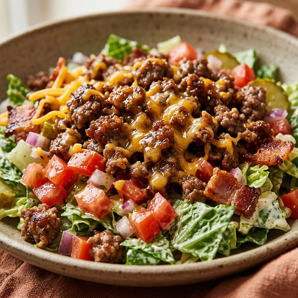 High Protein Cheeseburger Salad Ground Beef Loaded 30g