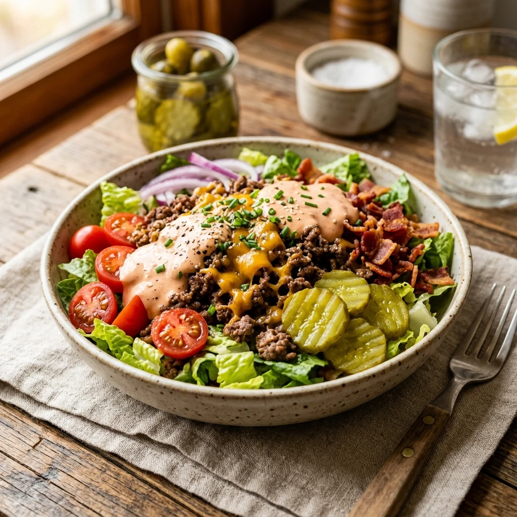 High Protein Cheeseburger Salad Ground Beef Loaded 30g