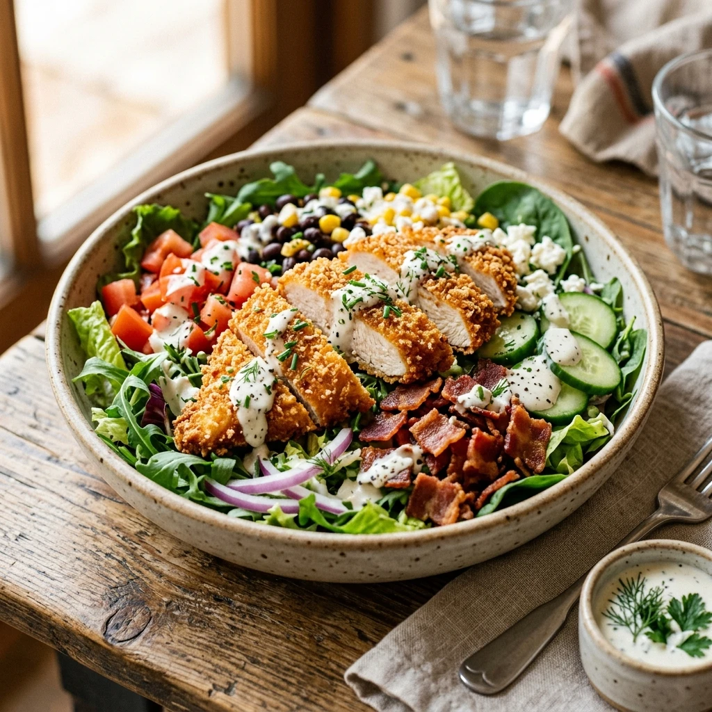 High Protein Crispy Chicken Bacon Ranch Salad