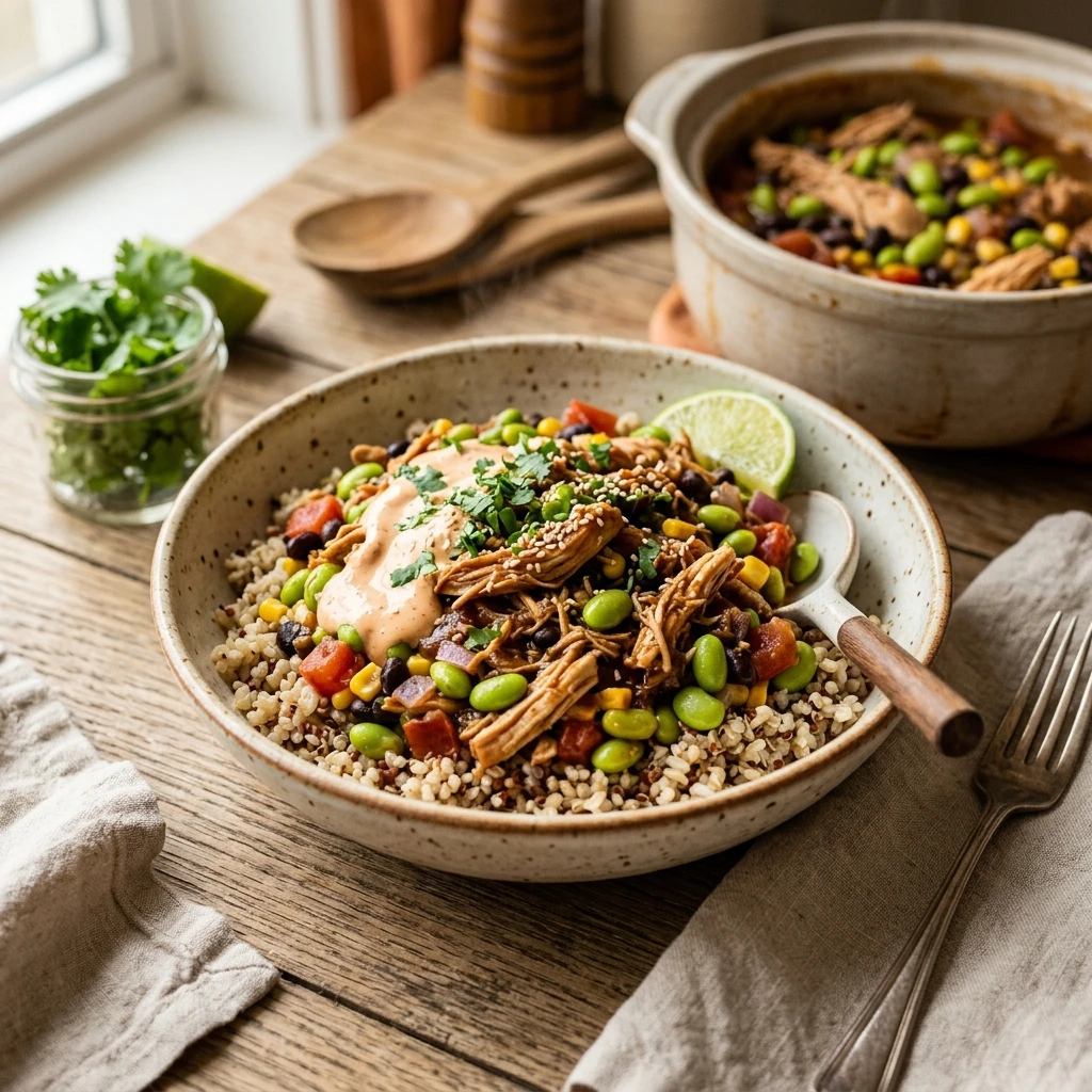 High Protein Crockpot Chicken And Edamame Bowls Under $20 Feeds 8 No Chopping