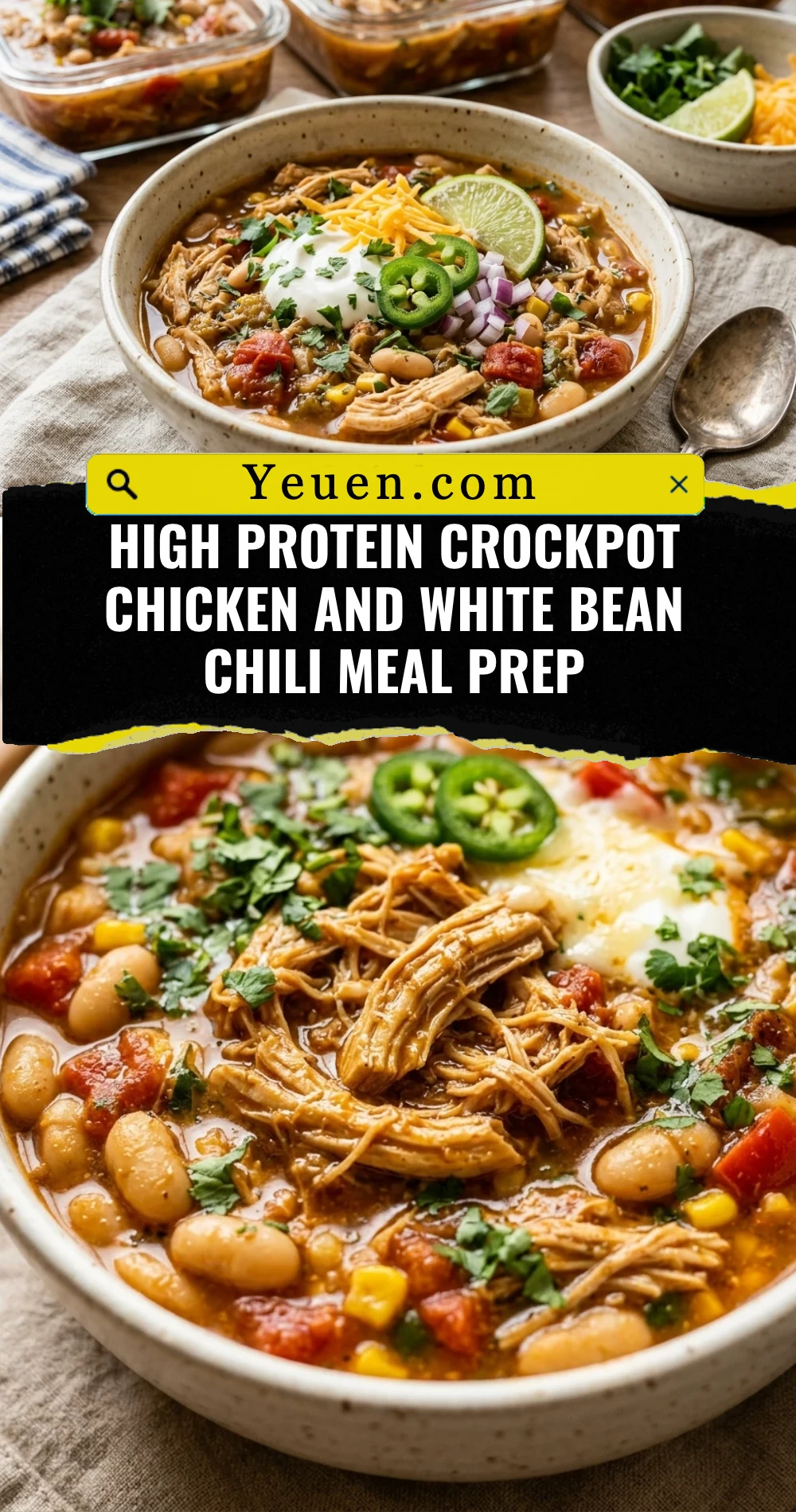 High Protein Crockpot Chicken And White Bean Chili Meal Prep