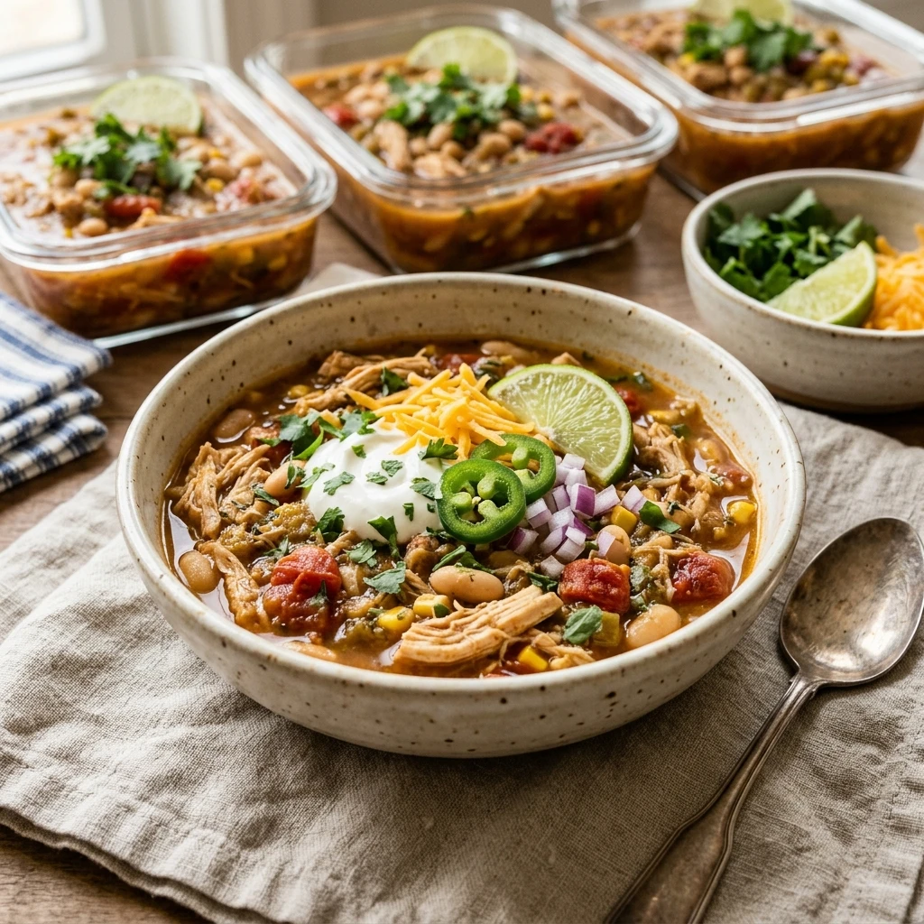 High Protein Crockpot Chicken And White Bean Chili Meal Prep