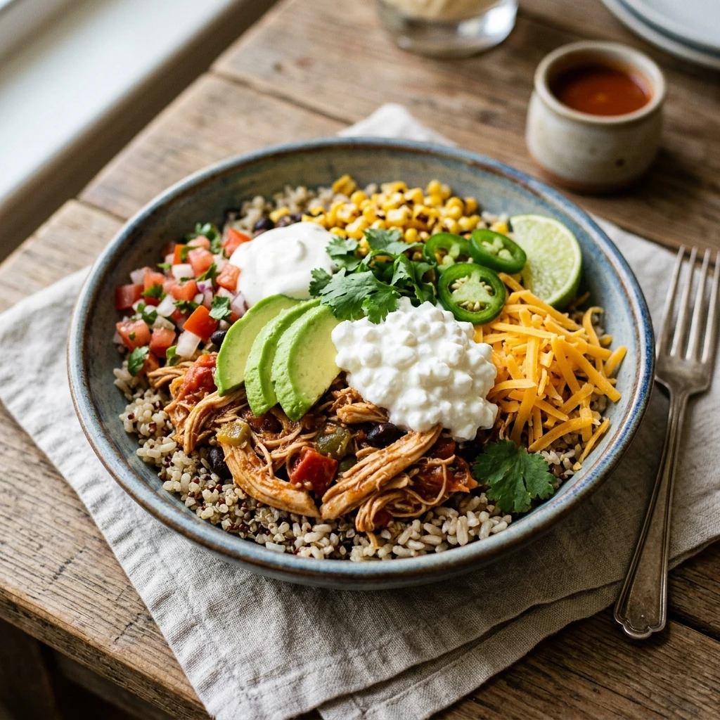High Protein Crockpot Chicken Taco Bowls With Cottage Cheese