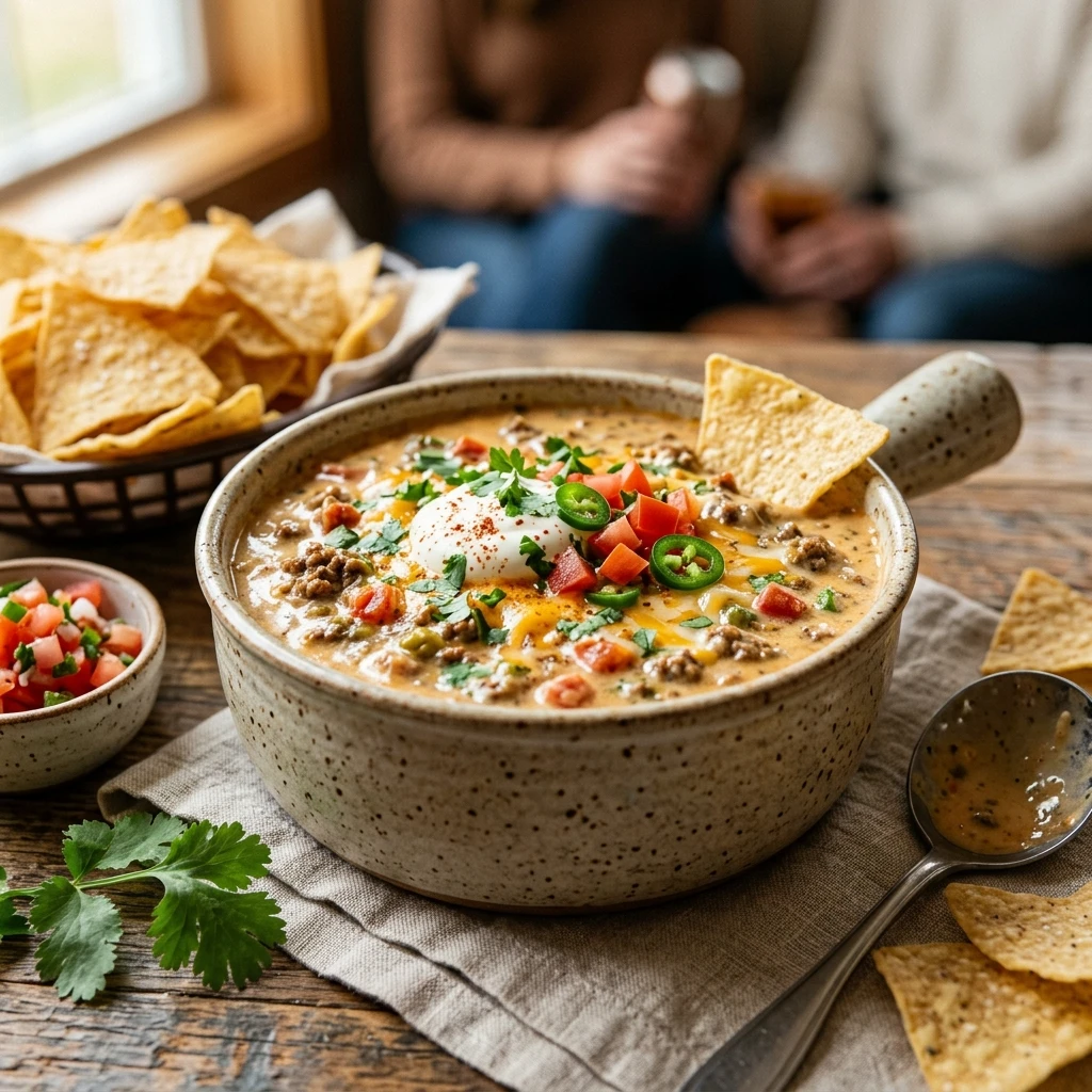 High Protein Crockpot Queso Dip With Ground Beef Game Day Under $20 Feeds A Crowd