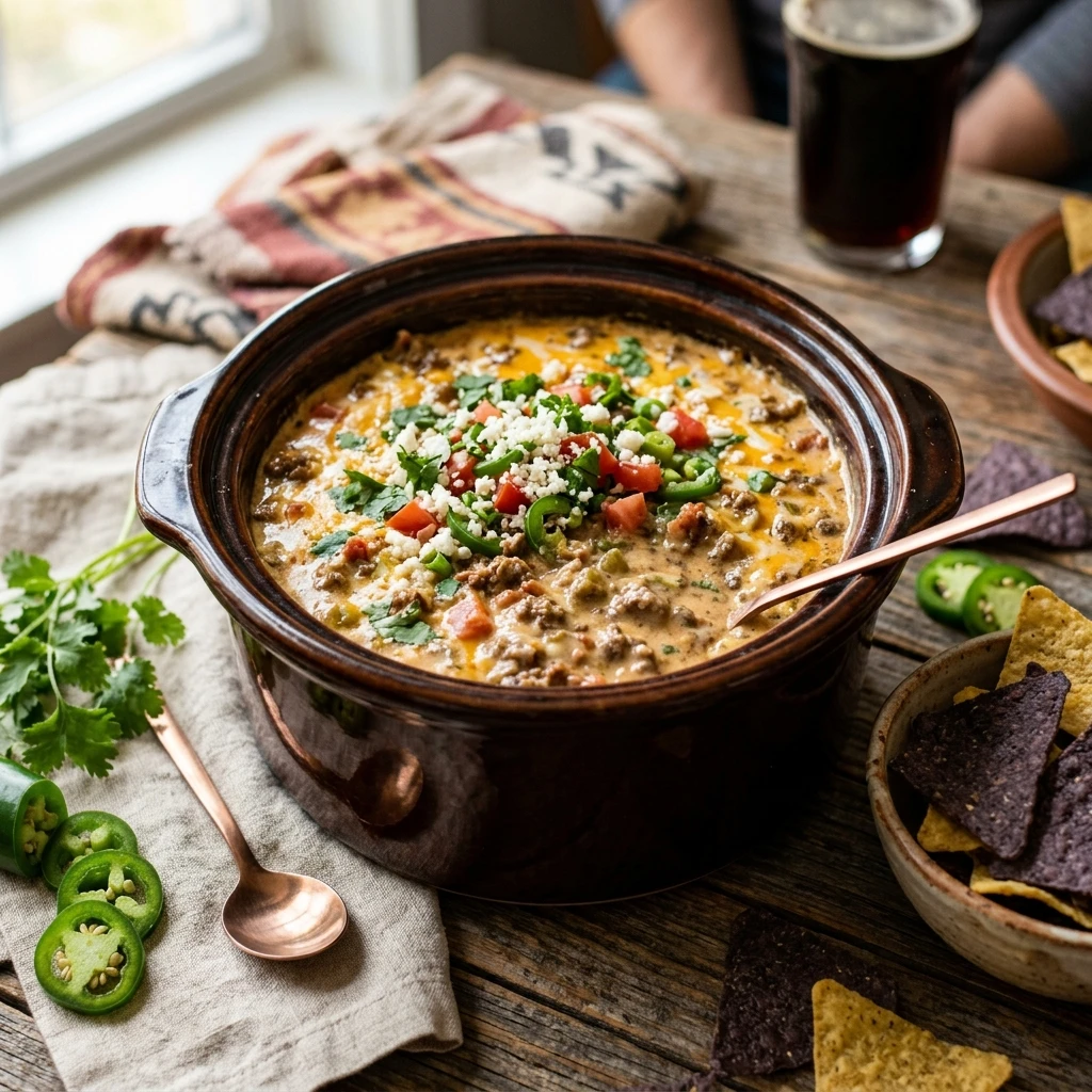 High Protein Crockpot Queso Dip With Ground Beef Game Day