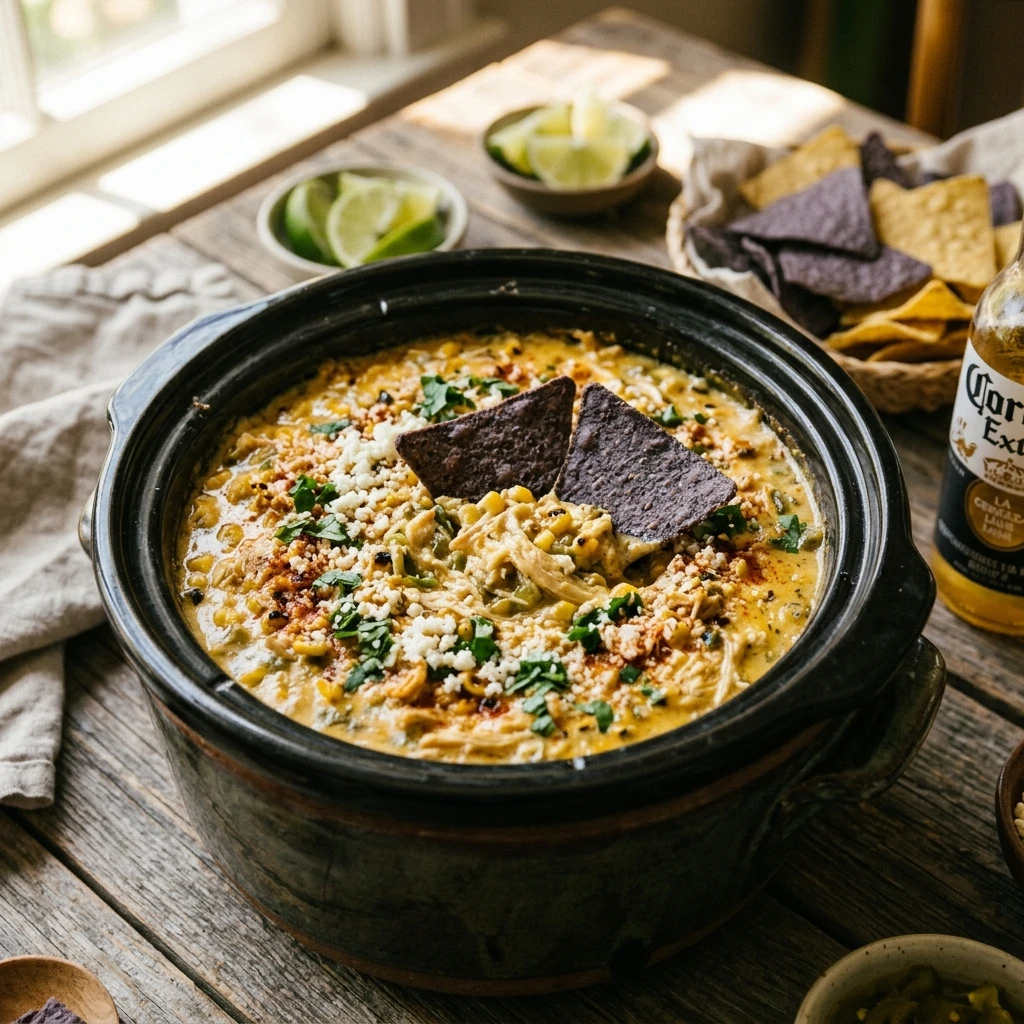 High Protein Crockpot Street Corn Chicken Dip That Feeds A Crowd Game Day Under $20