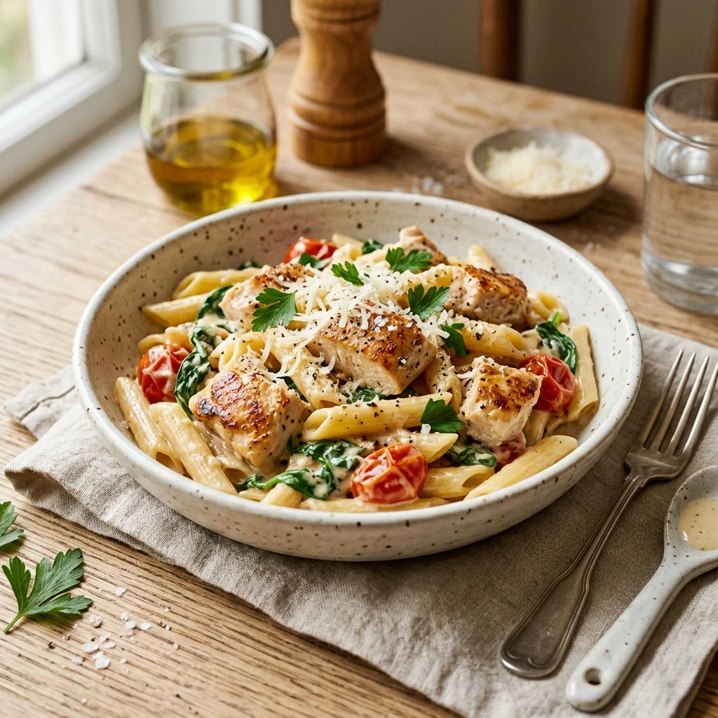 High Protein One Pot Garlic Parmesan Pasta With Chicken