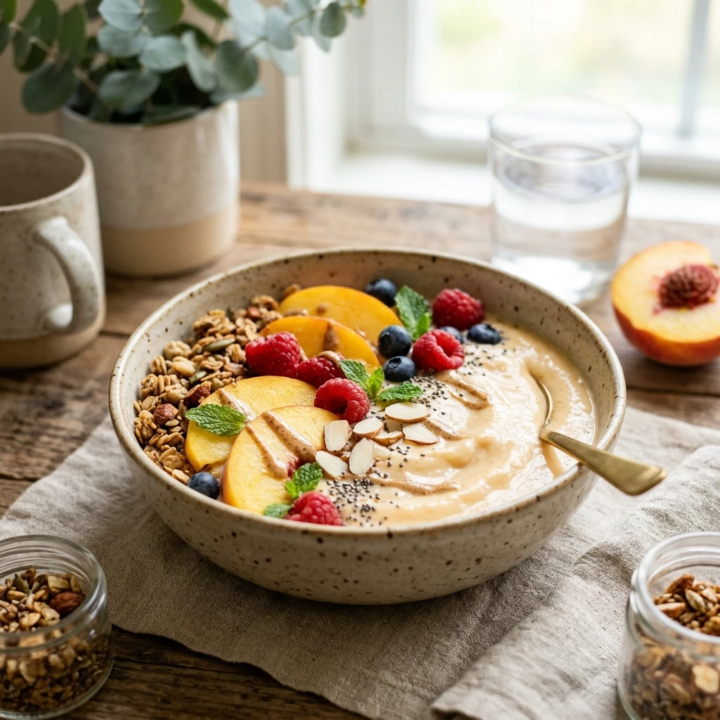 High Protein Peach Bowl Smoothie Weight Loss Healthy Meal Prep