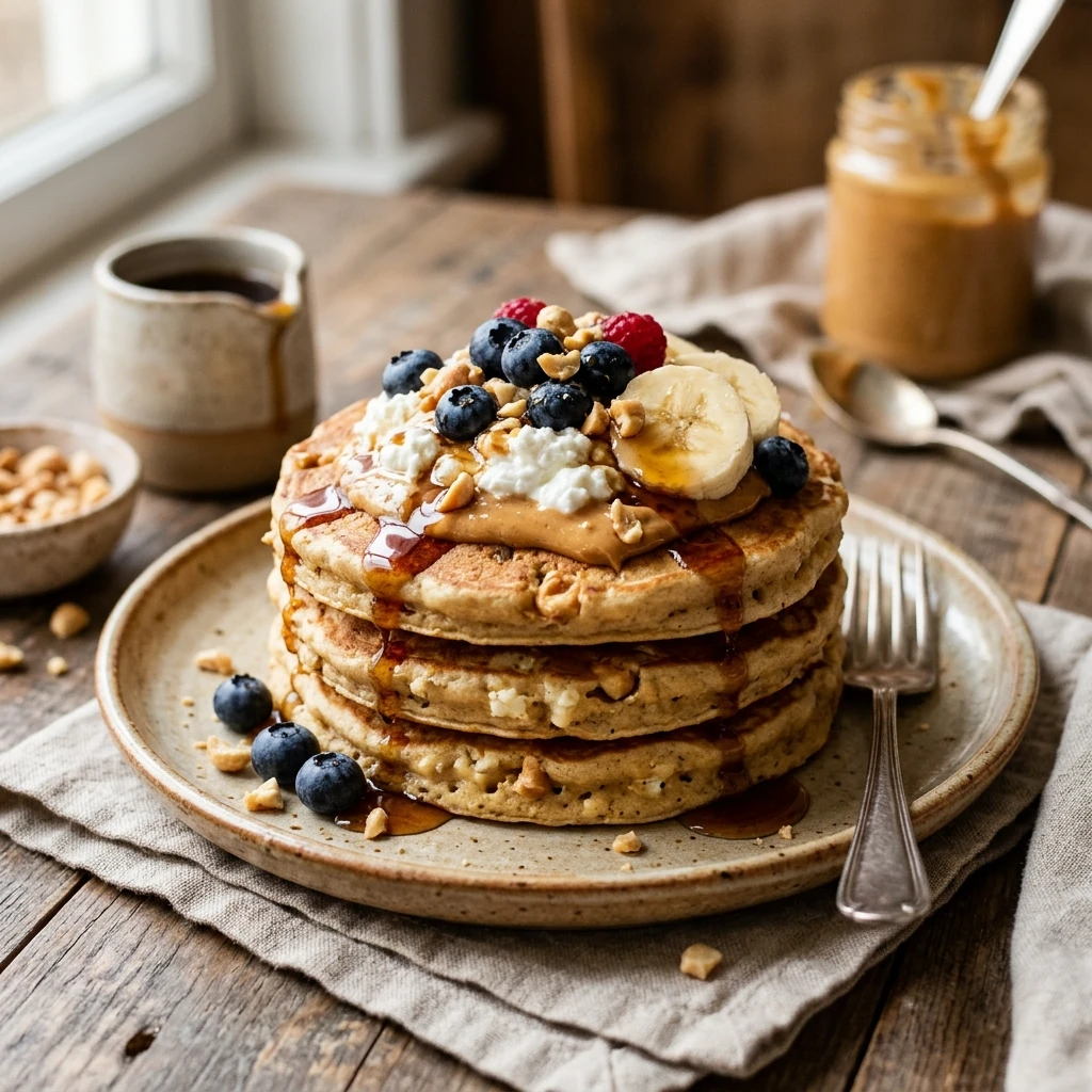 High Protein Peanut Butter Pancakes Cottage Cheese 20g+ Easy Fluffy Stacks