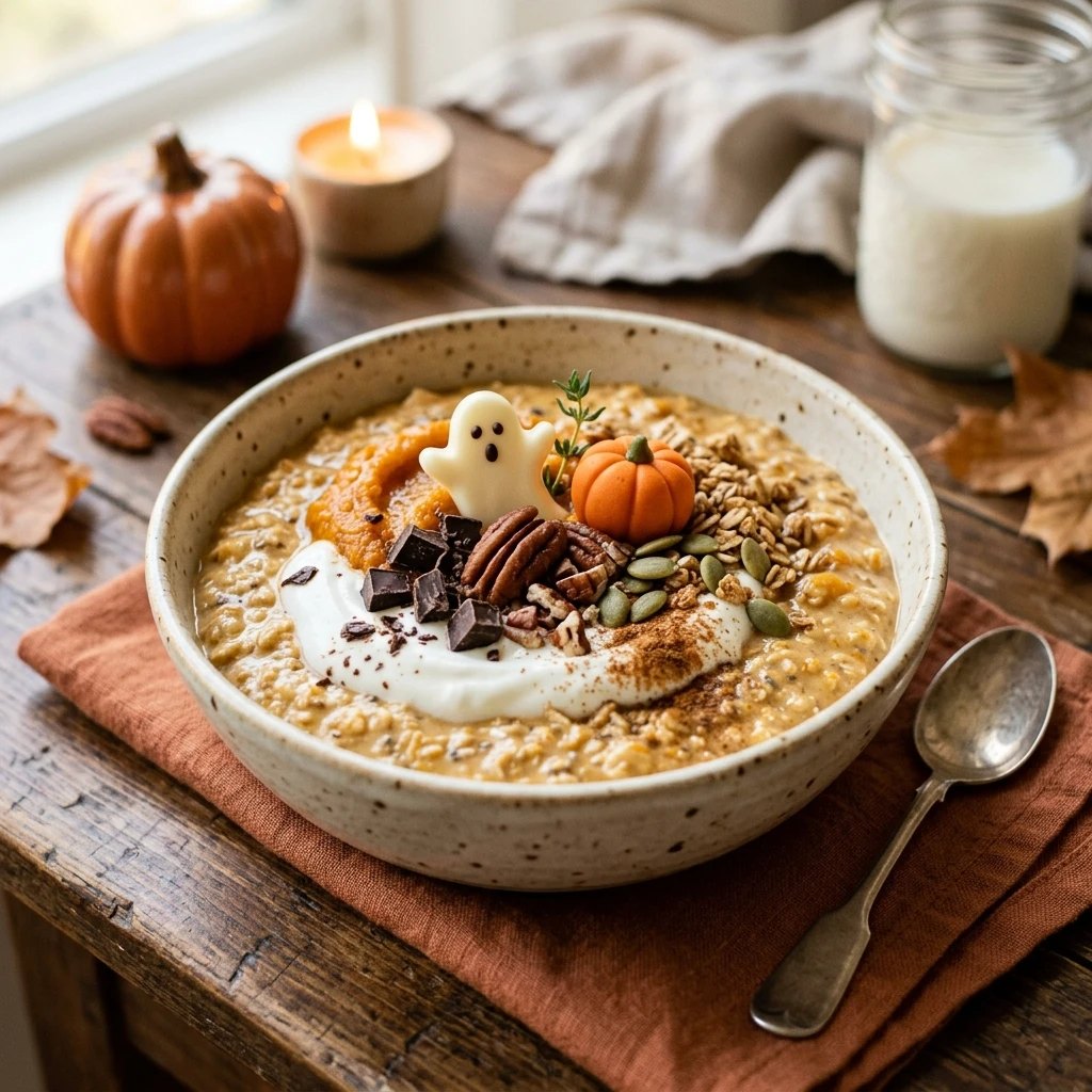 High Protein Pumpkin Overnight Oats Halloween Breakfast