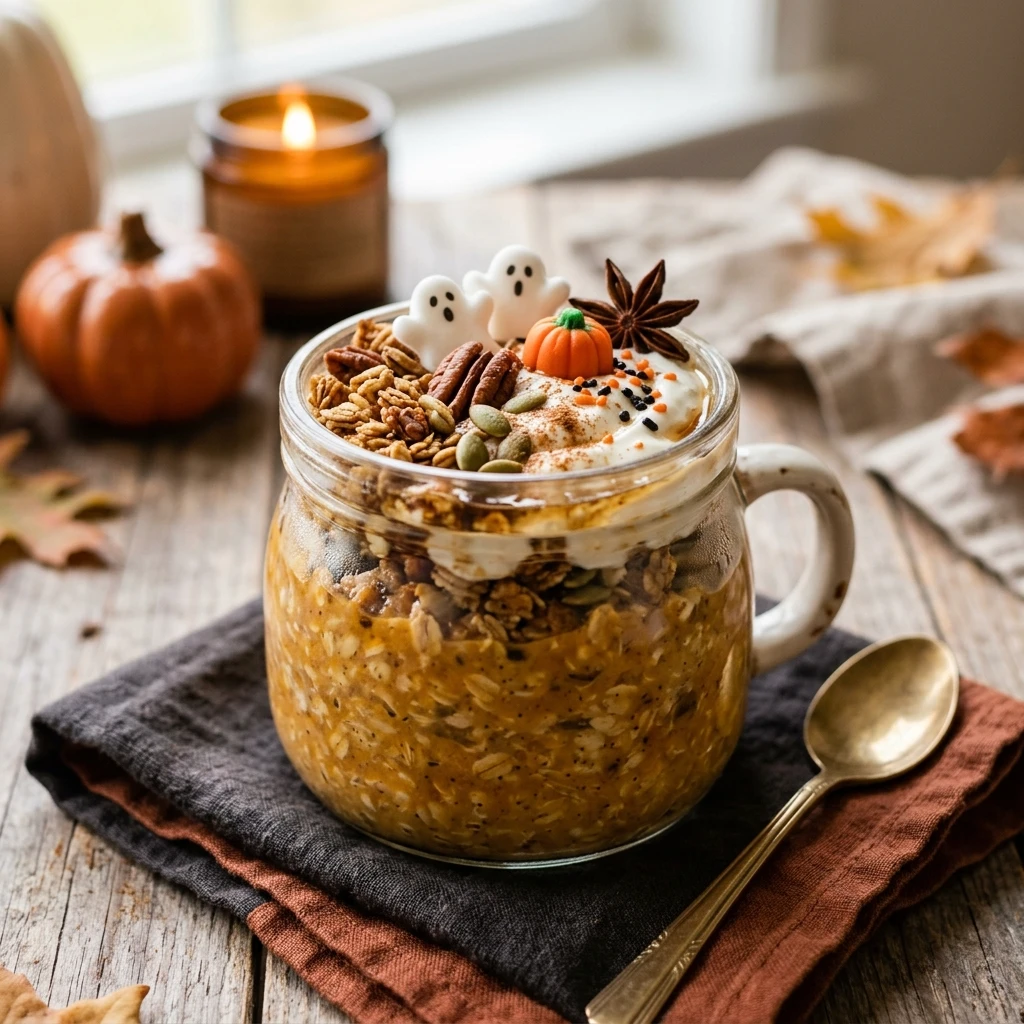 High Protein Pumpkin Overnight Oats Halloween Breakfast