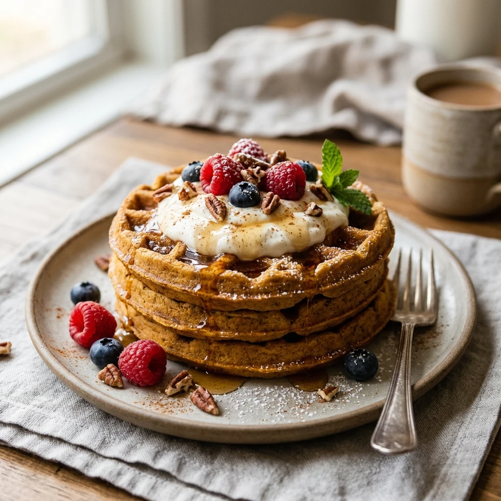 High Protein Pumpkin Spice Waffles With Greek Yogurt