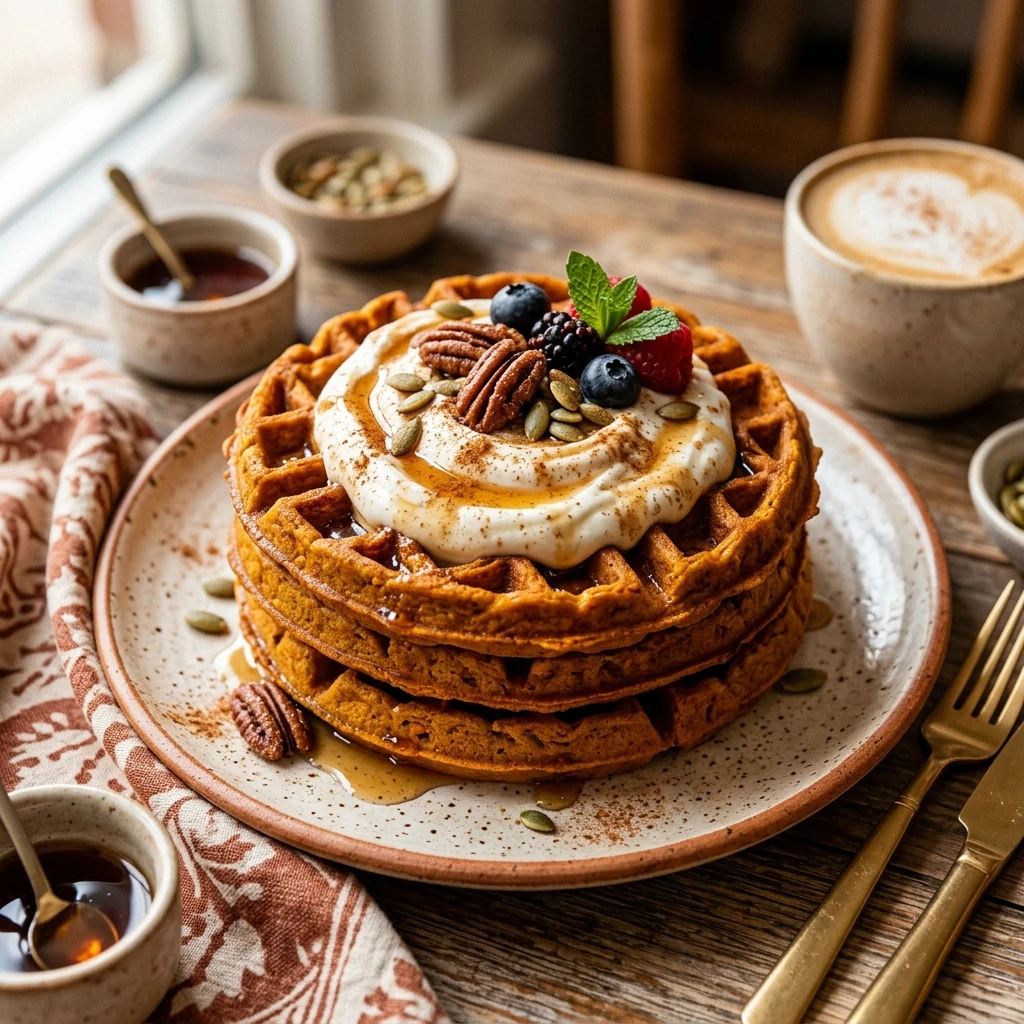 High Protein Pumpkin Spice Waffles With Greek Yogurt