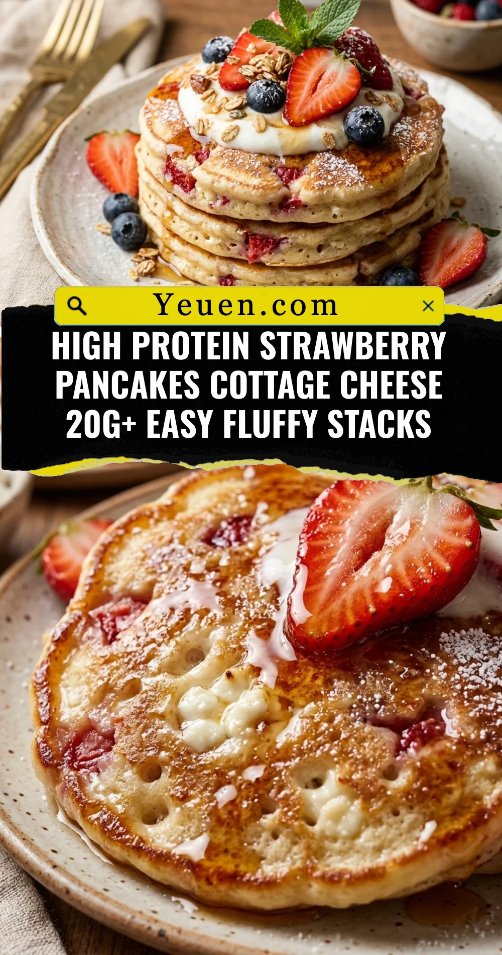 High Protein Strawberry Pancakes Cottage Cheese 20g+ Easy Fluffy Stacks