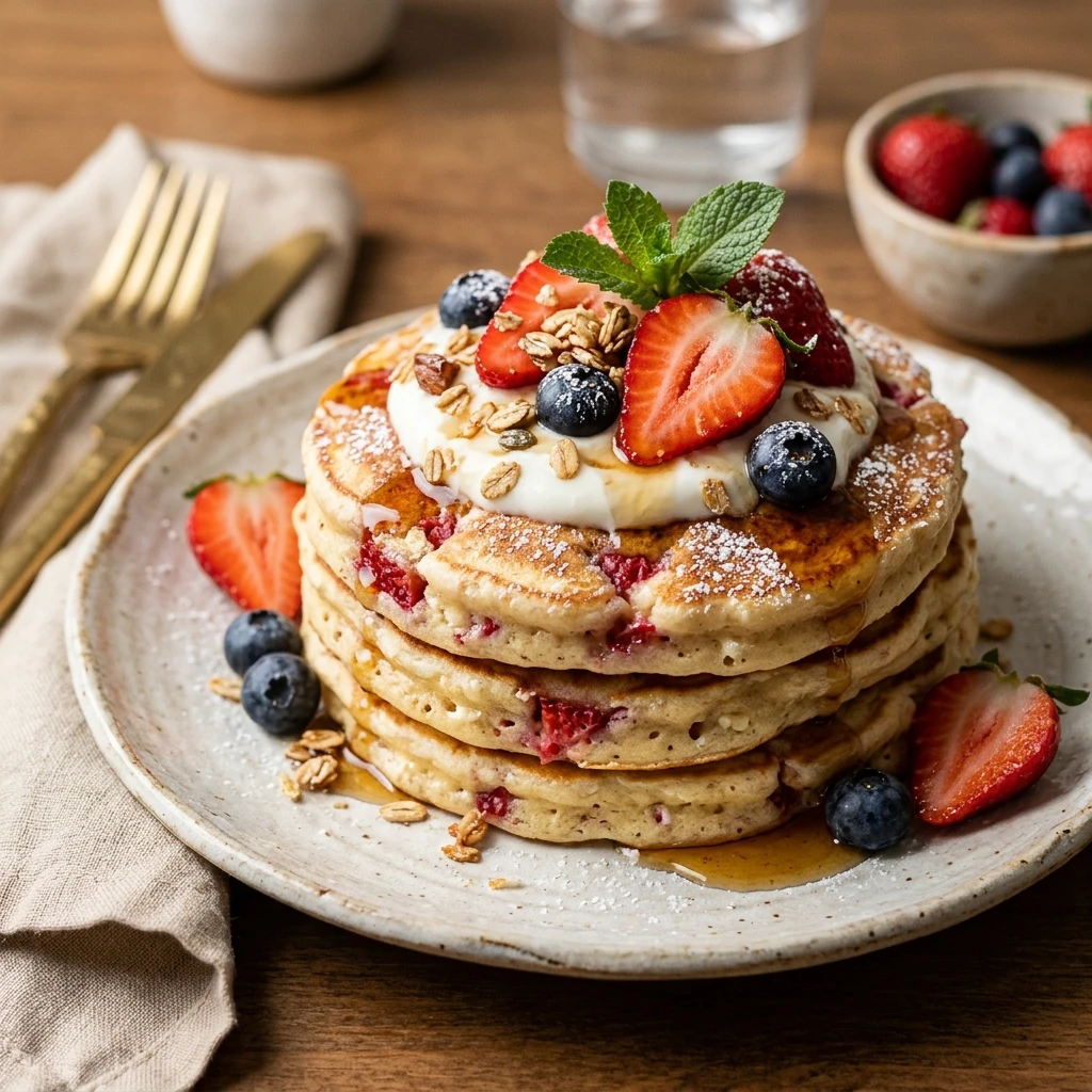 High Protein Strawberry Pancakes Cottage Cheese 20g+ Easy Fluffy Stacks