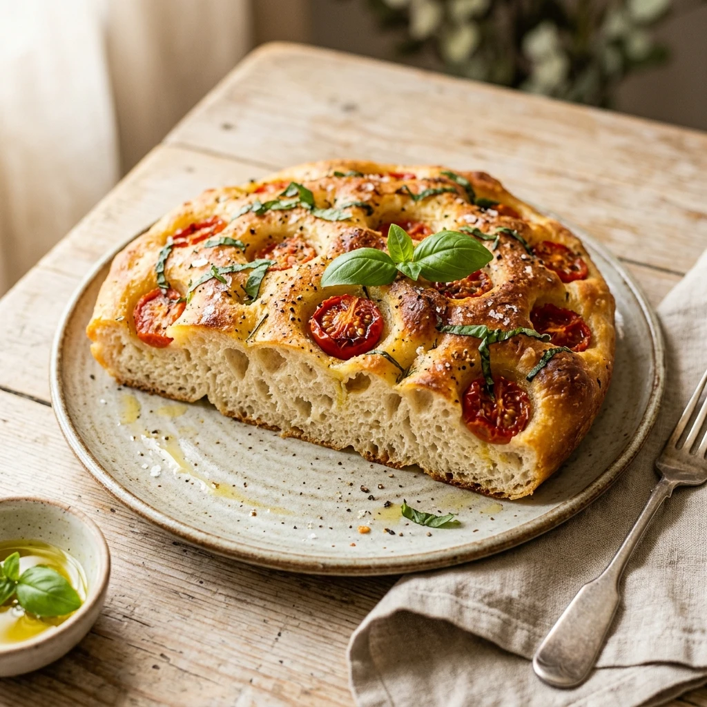 Jiggly Sourdough Focaccia With Cherry Tomatoes And Basil No Knead