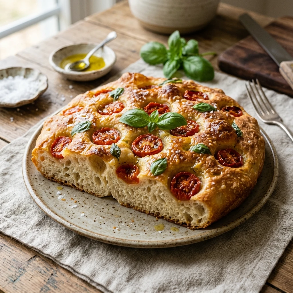 Jiggly Sourdough Focaccia With Cherry Tomatoes And Basil No Knead