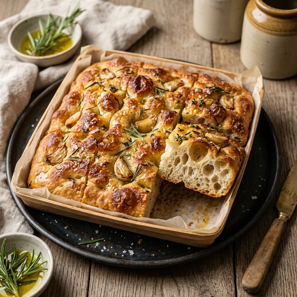 Jiggly Sourdough Focaccia With Roasted Garlic And Herbs Bubbly