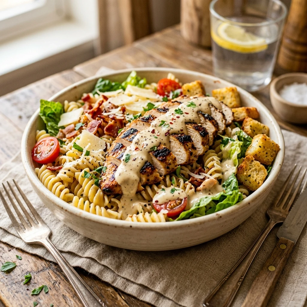 Loaded Caesar Pasta Salad Chicken Dripping Dressing High Protein