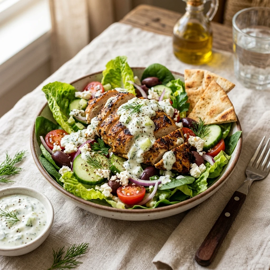 Loaded Greek Gyro Salad Chicken Dripping In Tzatziki High Protein