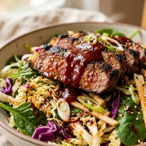 Loaded Korean BBQ Steak Salad Dripping In Gochujang Dressing