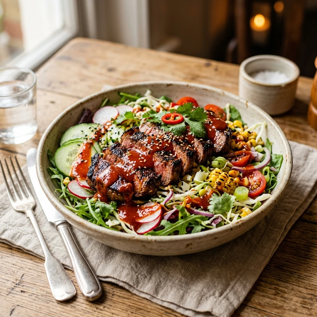 Loaded Korean BBQ Steak Salad Dripping In Gochujang Dressing