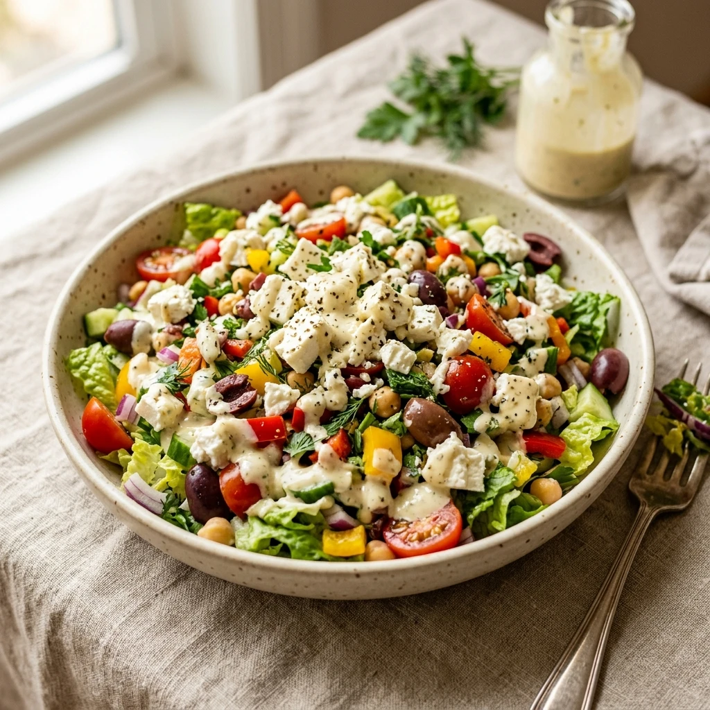 Loaded Mediterranean Chopped Salad Dripping In Feta Dressing
