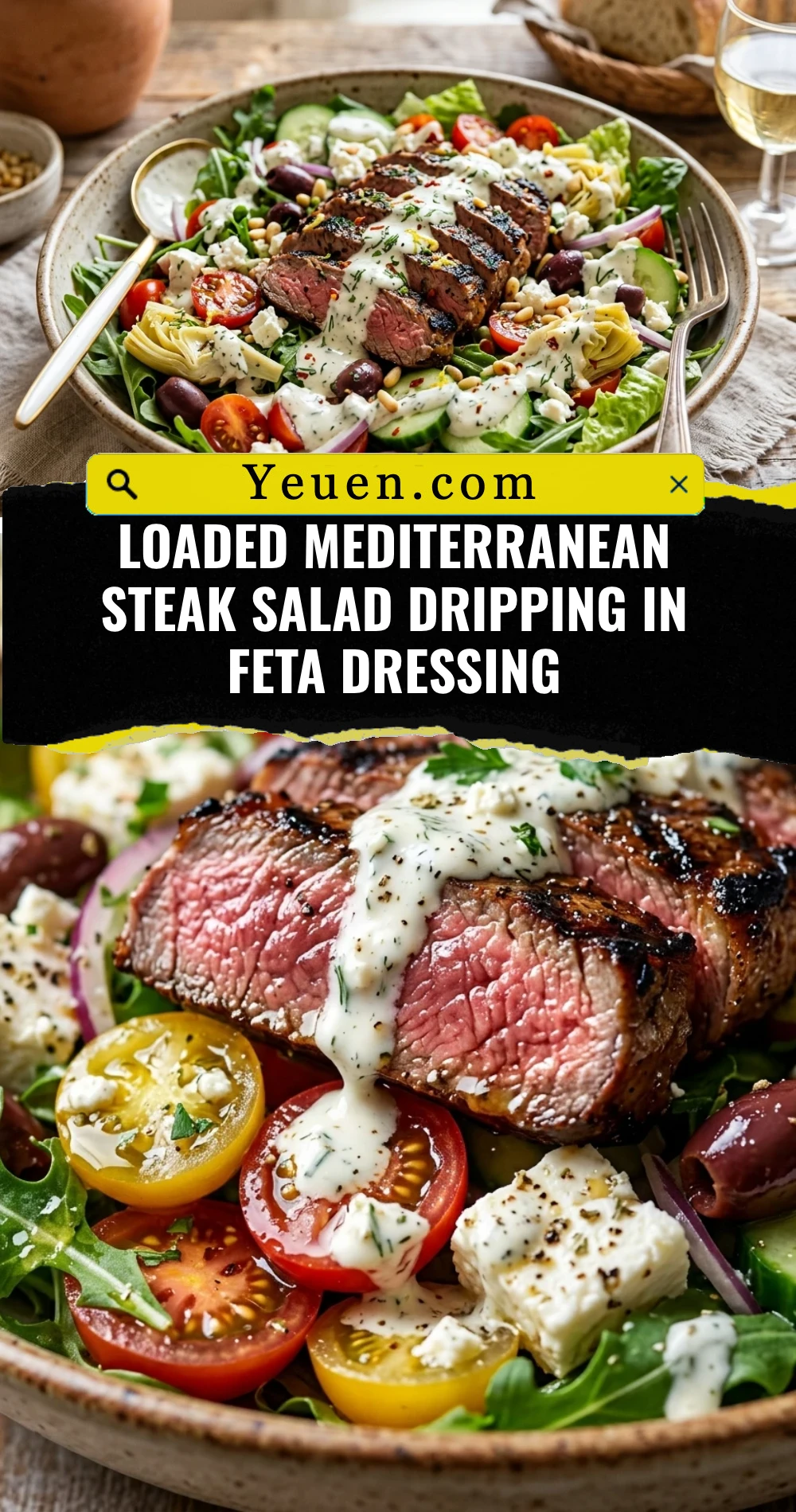 Loaded Mediterranean Steak Salad Dripping In Feta Dressing