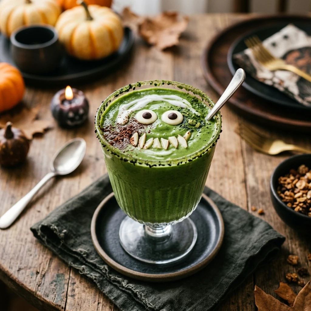 Low Sugar Spooky Green Monster Smoothie For Halloween Party