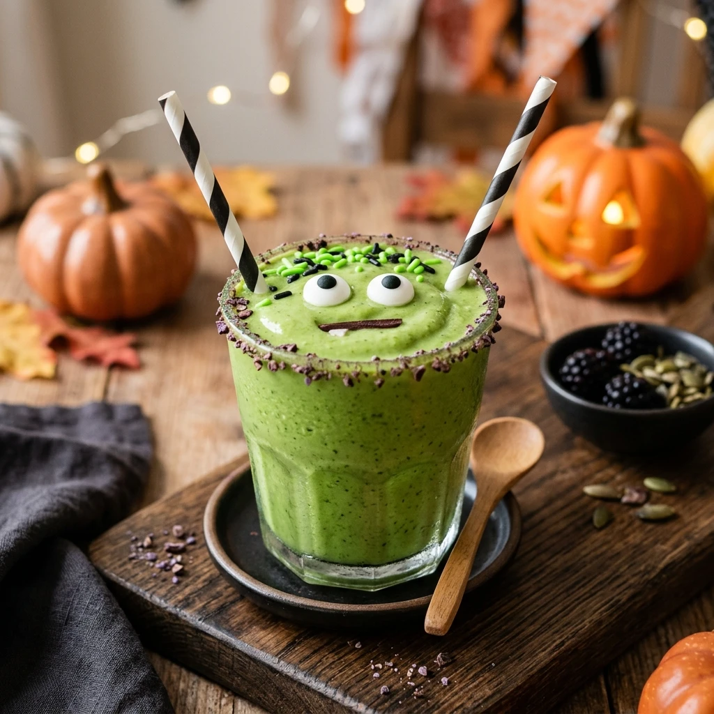 Low Sugar Spooky Green Monster Smoothie For Halloween Party