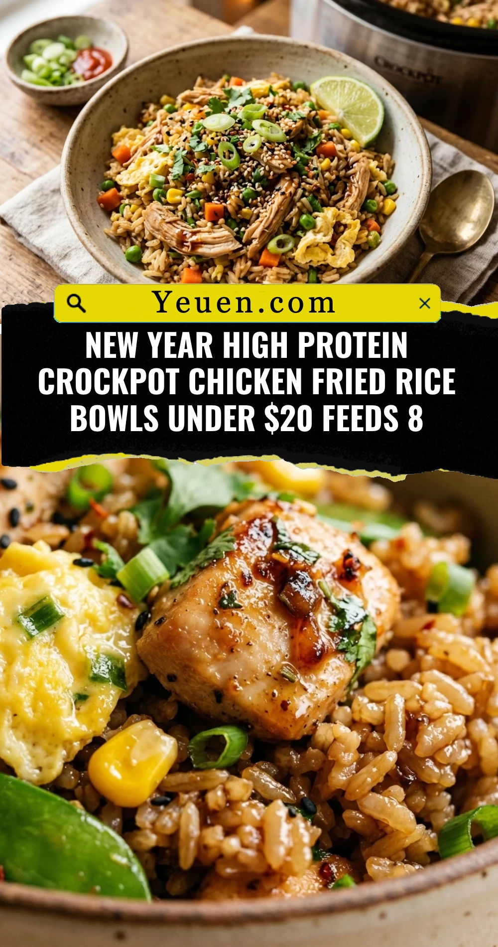 New Year High Protein Crockpot Chicken Fried Rice Bowls Under $20 Feeds 8