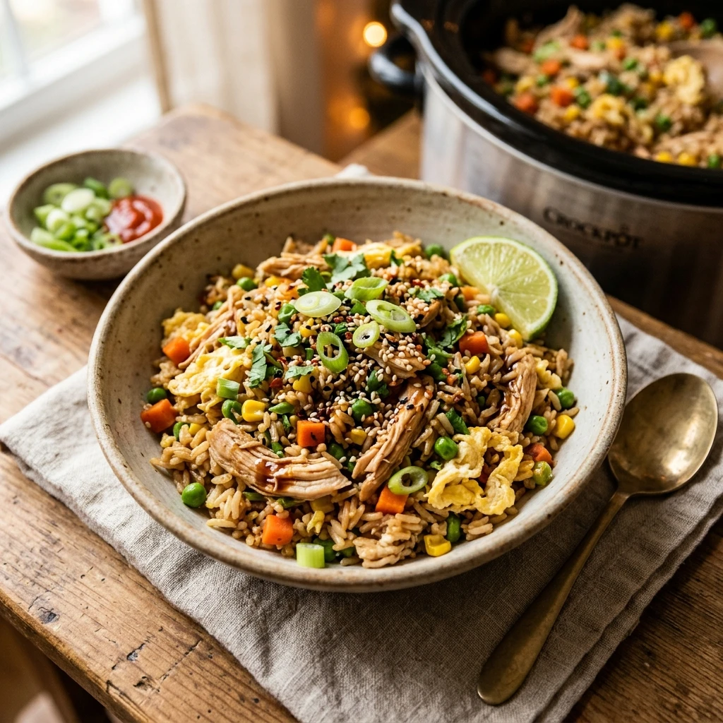 New Year High Protein Crockpot Chicken Fried Rice Bowls Under $20 Feeds 8