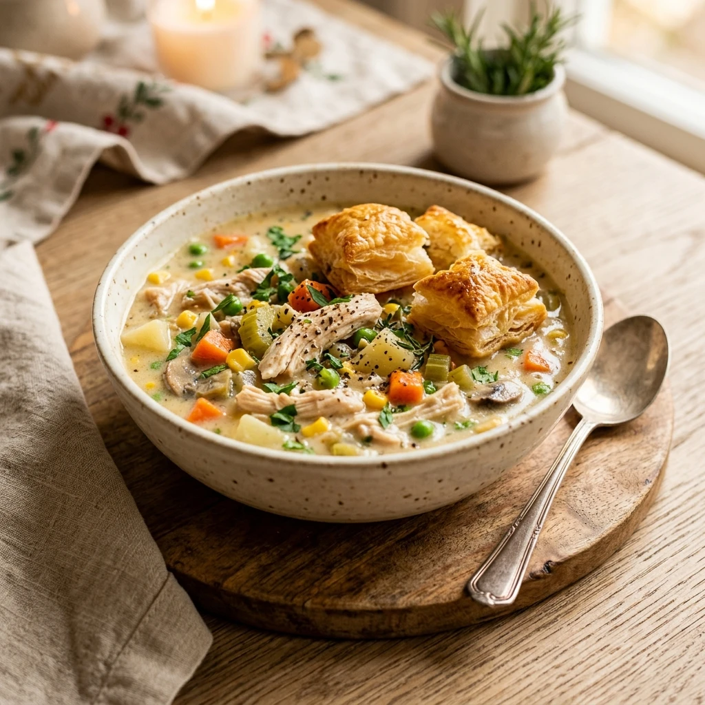 New Year High Protein Crockpot Chicken Pot Pie Soup