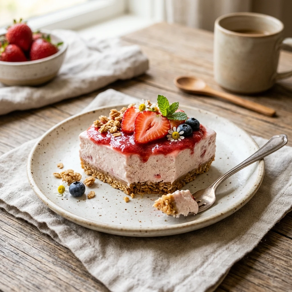 No Bake Cottage Cheese Strawberry Cheesecake Bars High Protein Viral 2026