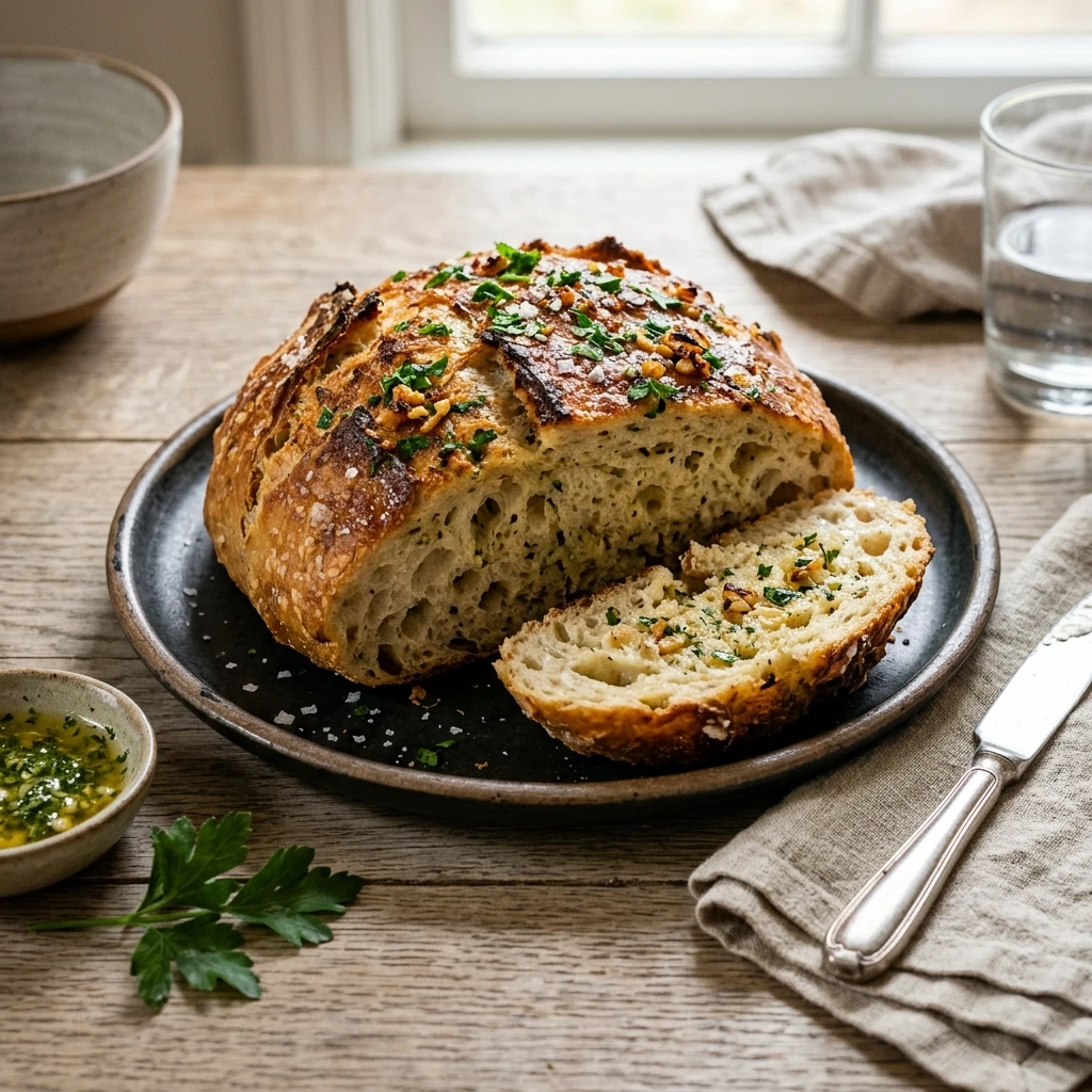 No Knead Garlic Bread Easy Homemade Beginner Artisan
