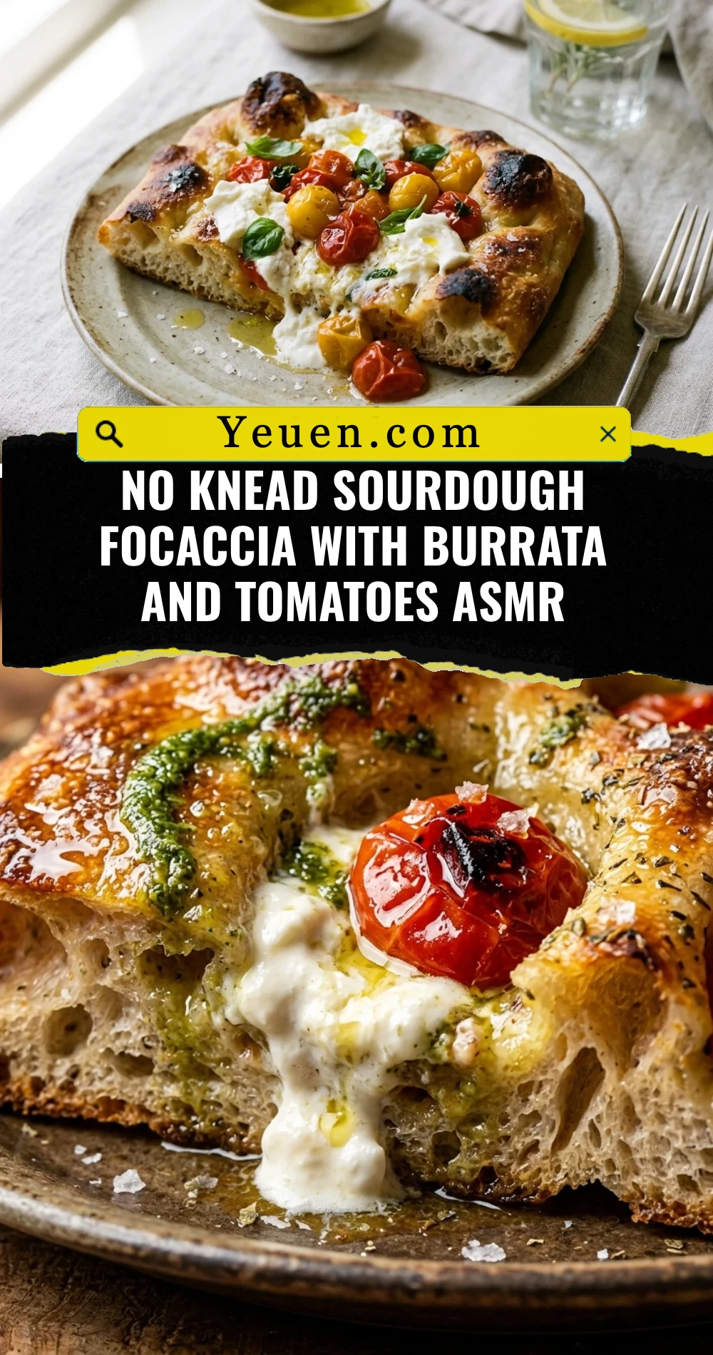 No Knead Sourdough Focaccia With Burrata And Tomatoes ASMR
