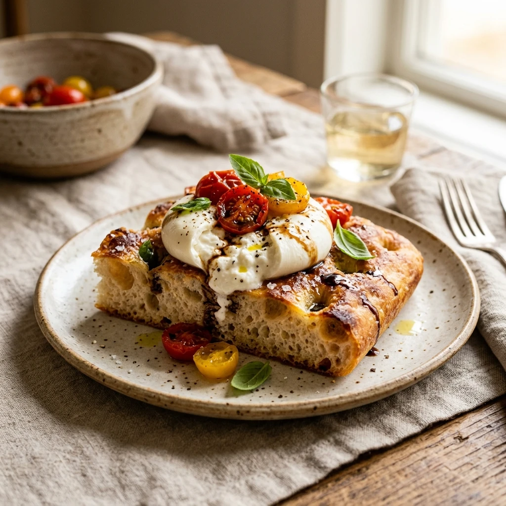 No Knead Sourdough Focaccia With Burrata And Tomatoes ASMR