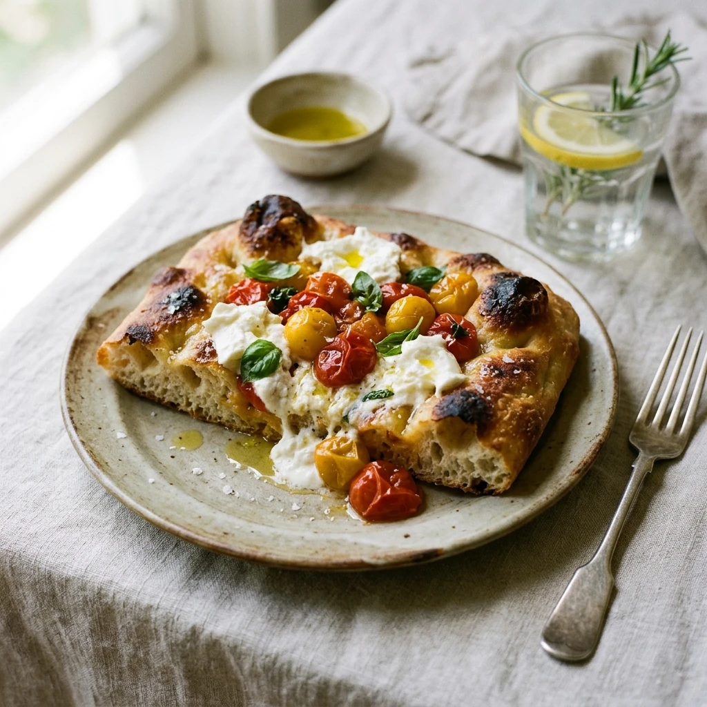 No Knead Sourdough Focaccia With Burrata And Tomatoes ASMR