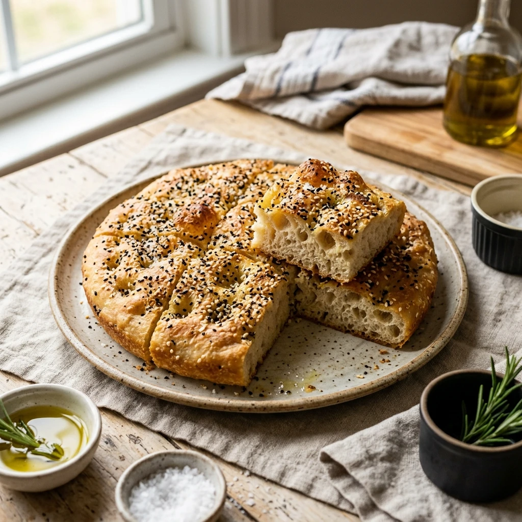 No Knead Sourdough Focaccia With Everything Bagel Seasoning