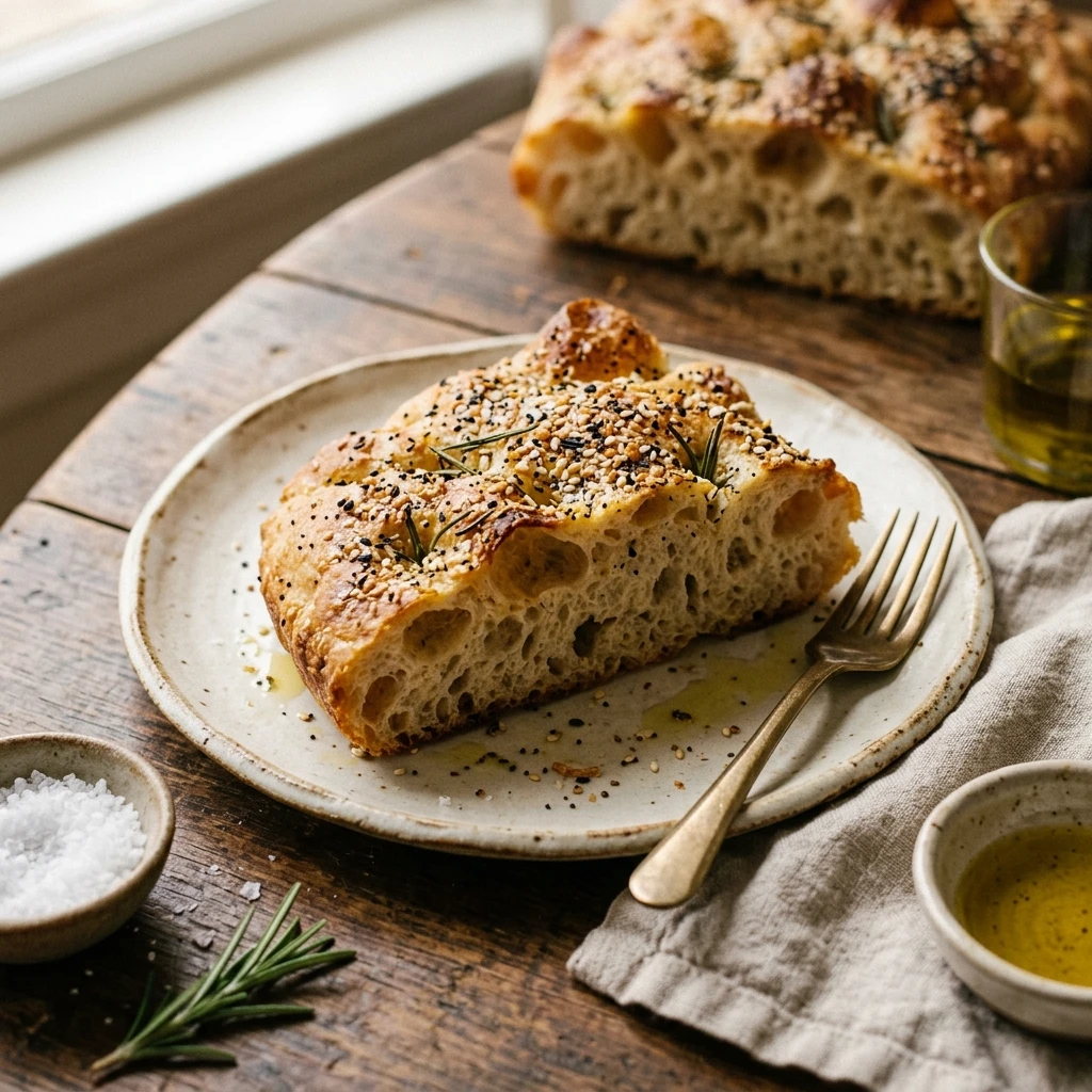 No Knead Sourdough Focaccia With Everything Bagel Seasoning