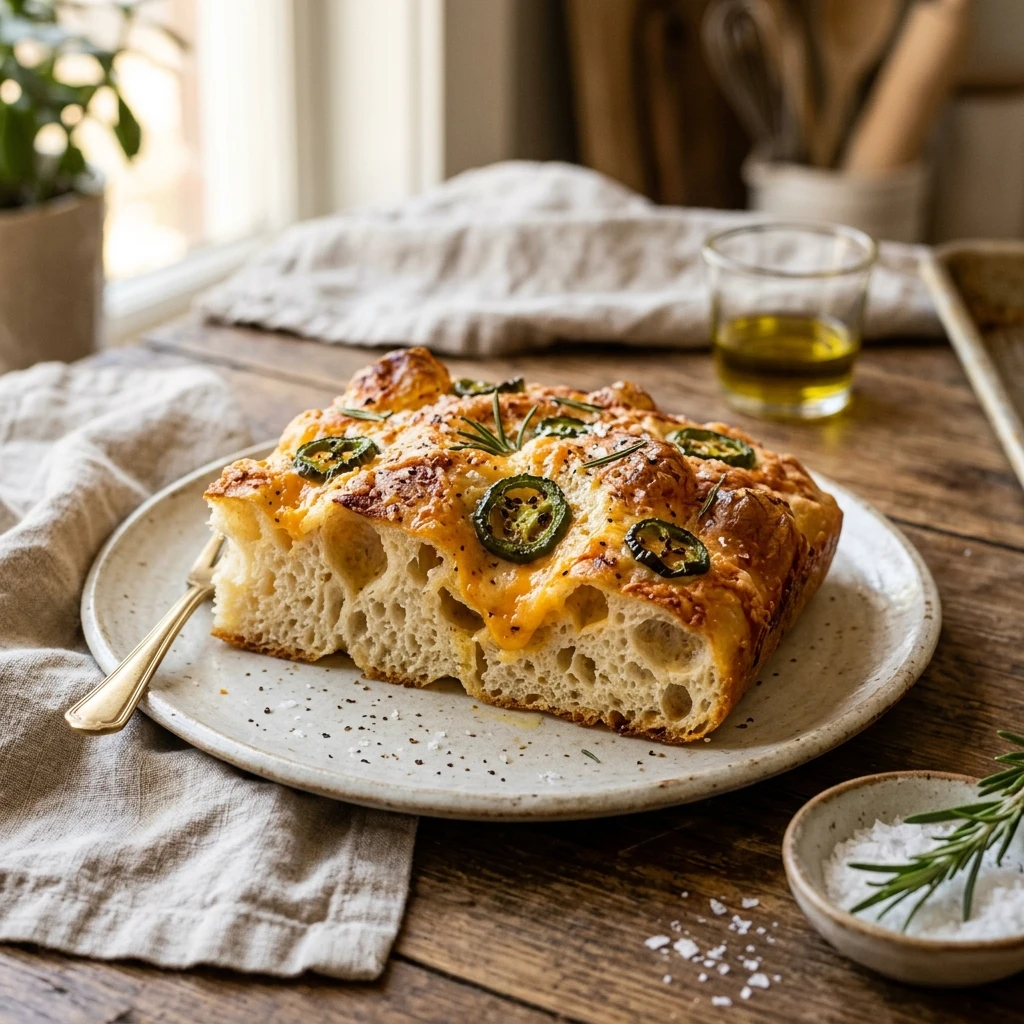 No Knead Sourdough Focaccia With Jalapeno And Cheddar Jiggly