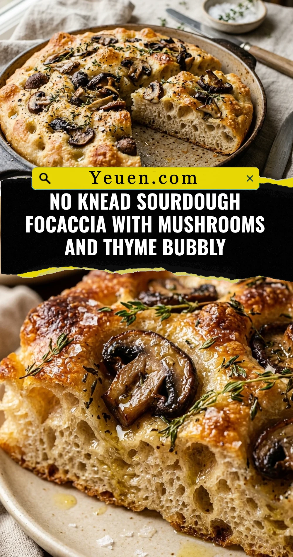 No Knead Sourdough Focaccia With Mushrooms And Thyme Bubbly